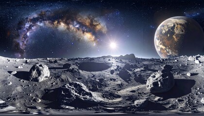 Moonscape view a bright planet looms over a dusty cratered surface, stars and the Milky Way spread above