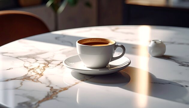 Morning coffee on marble table with cream, warm sunlight. Serene and inviting