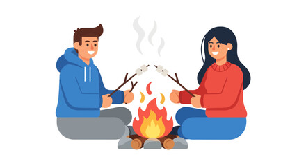 Fototapeta premium Couple Roasting Marshmallows Together By the Campfire at Night Outside Bonding