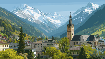 Fototapeta premium Cityscape of kaprun, town in austria, attractive touristic advertisement poster, beautiful touristic must-see destination. Beautiful tourist destination. Beautiful idyllic village Kaprun, mountain vil