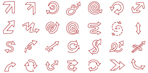 Red Arrow Icons, Collection Of Directional Swirl And Lightning Symbols For Design Project Management And Navigation Applications

