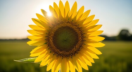 Fototapeta premium Bright Yellow Sunflower Facing the Sun in a Lush Green Field on a Clear Day