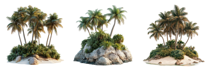 Tropical island palm trees and foliage isolated on a transparent background