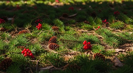Pine Needles and Berries Forest Floor Christmas Texture