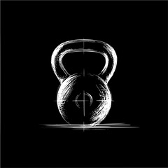 A white sketch of a kettlebell weight with a handle on a black background in a fitness illustration style