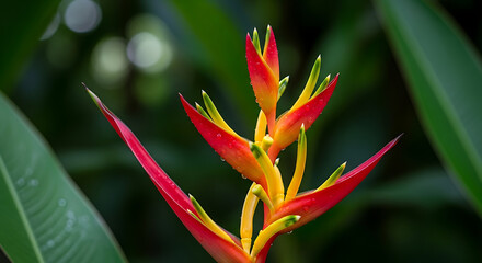 Obraz premium A vibrant heliconia flower with red, yellow, and green bracts against a blurred green background