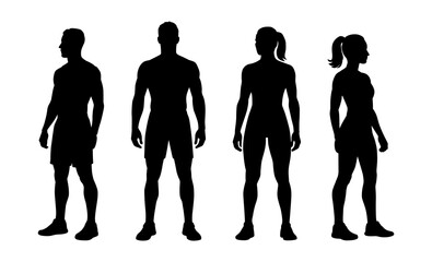 Fit man and woman silhouettes set. Vector flat illustrations of sporty male and female figures.