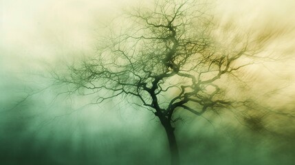 A spooky bare tree silhouetted in dense atmospheric fog. Mysterious and moody nature landscape with an ethereal motion blur effect. Haunting abstract background