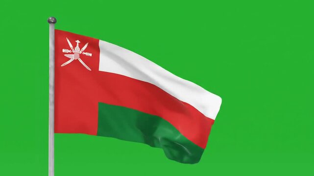 The national flag of Oman featuring a red white and green horizontal tricolor with a vertical red stripe on the hoist side displaying the national emblem gracefully waving in the wind against a vibra.