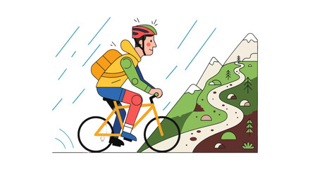 Fototapeta premium Cyclist Ascending Mountain Path During Rainfall Representing Adventure and Fitness Goals