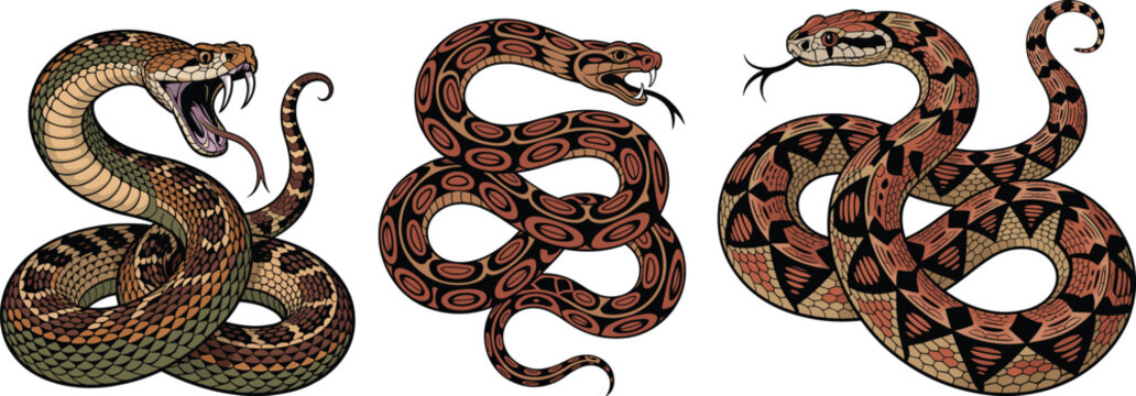 Aggressive Rattlesnake and Viper Vector Set: Detailed Coiled Venomous Snake Illustration