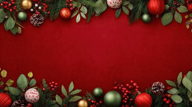 christmas border frame with greenery and ornaments on red background - Powered by Adobe