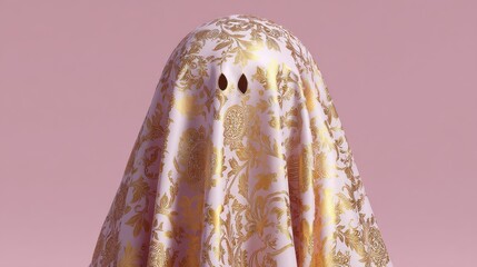 fabric ghost with a golden pattern on light pink background halloween decoration concept or festive holiday greeting card visual for spooky season