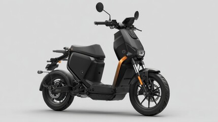 Obraz premium An electric scooter is displayed, featuring a minimalist design with black and orange accents. Ideal for city commuting, it showcases lightweight construction and modern technology.