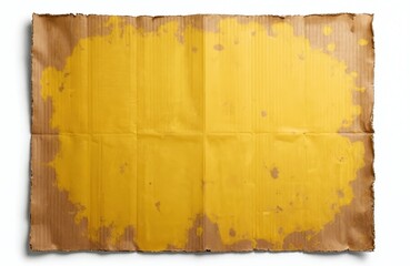 Empty yellow painted cardboard sheet lies on white. Rough ribbed surface aged, dirty, torn. Perfect background material for message about homelelessness, social problems issues. Abstract paper