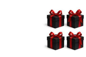 Obraz premium Black Friday matte black gift boxes with red satin bows on white — right-aligned 3:1 web banner with left copy space