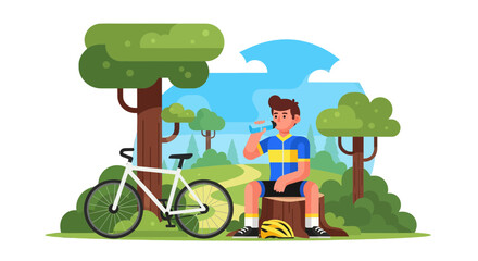 Cyclist Pauses Beside His Bicycle in a Serene Woodland Setting for Recuperation