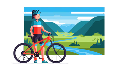 Cyclist Pauses Beside Mountain Bikes Admiring Scenic Mountainous Landscapes Outdoors