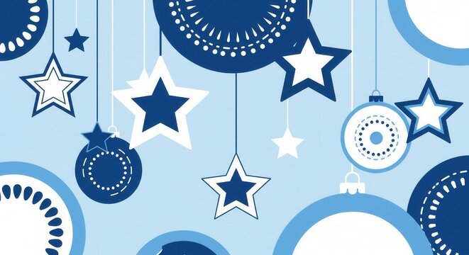 A modern illustration of hanging Christmas ornaments and stars in blue and white. This festive, clean design evokes a calm holiday mood. Ideal for greeting cards, banners, or backgrounds. - Powered by Adobe