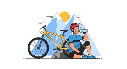 Fototapeta premium Cyclist Resting After A Strenuous Mountain Bike Ride In Front Of Mountains