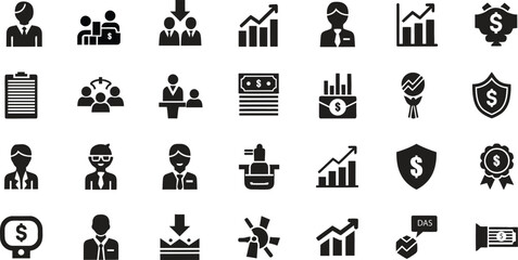 Collection of business and finance icons representing growth success and teamwork