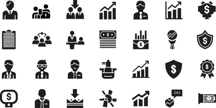 Collection of business and finance icons representing growth success and teamwork
