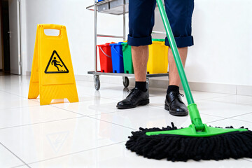Janitor cleaning a wet floor with a mop near a caution sign