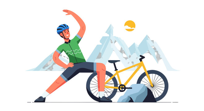 Cyclist Stretching Near Mountain Peaks And Sun Cycling With A Bicycle In Nature