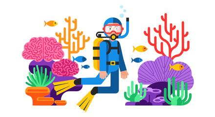 Fototapeta premium Diver Explores Marine Life and Vibrant Coral Reefs Undersea Against Dark Background