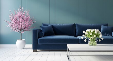 Elegant living room with velvet sofa and tulip and cherry blossom plants