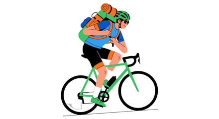 Cyclist With Backpack Energetically Pedaling Bicycle in Modern Illustration Style