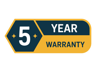 A stylized graphic emblem displays '5 YEAR WARRANTY' in bold white lettering against a dark blue and golden yellow background, symbolizing product assurance and customer trust.