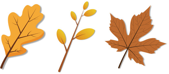 Flat autumn leaf and branch vector set with yellow and brown foliage