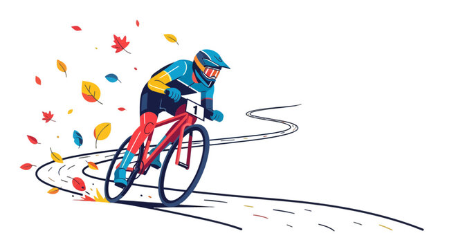 Cyclist With Autumnal Leaves Racing On A Winding Road At High Speed