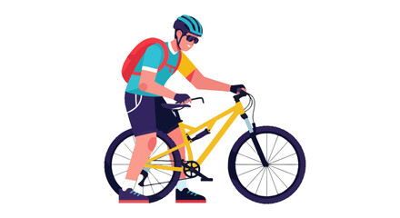 Naklejka premium Cyclist With Sunglasses And Backpack Ready For Adventure On Mountain Bike Trip