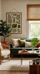 Cozy Living Room Interior with Plants and Natural Light Decor Elements