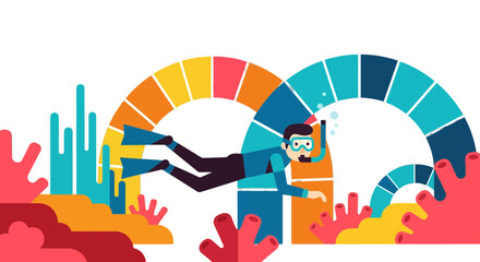 Diver Explores Underwater World Within Colorful Arches and Coral Reefs Illustration