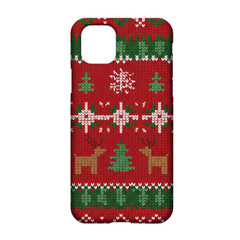 Illustration of holiday-themed phone case with knitted Christmas patterns on transparent background copy space