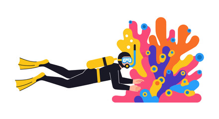 Diver Exploring a Vibrant Coral Reef in the Deep Ocean, Colorful Illustration