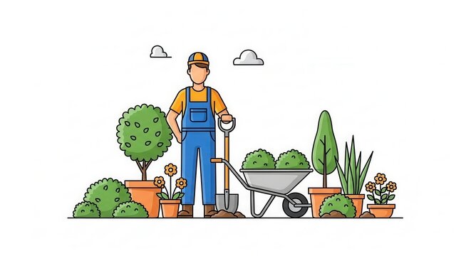 An illustration of a gardener with a shovel, wheelbarrow, and plants. This clean, simple graphic represents horticulture and landscaping. Ideal for gardening blogs or services.
