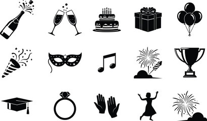 Collection of black silhouette icons representing celebration and special occasions like birthdays parties and achievements