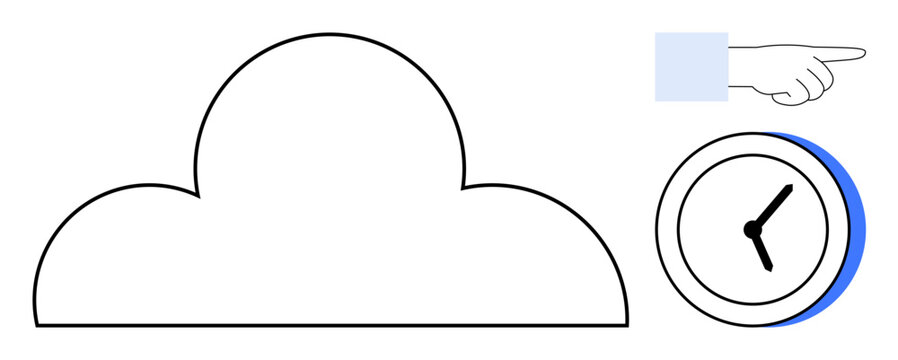Cloud icon paired with a clock and pointing hand, conveying technology, time management, and action guidance. Ideal for data storage, productivity, deadlines, decision-making, efficiency