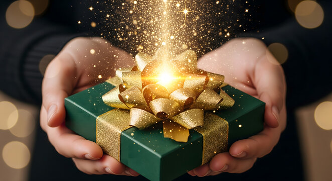 Close Up of Person Holding Sparkling Green Gift Box Tied with Gold Ribbon and Bow Concept Presenting Precious Moment Celebration Happiness and Festive Giving