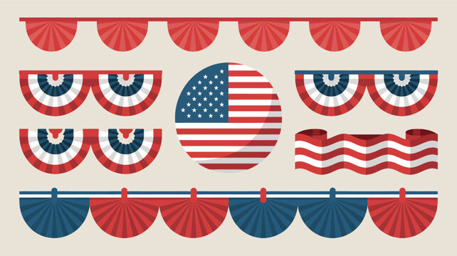 Collection of patriotic american flag themed bunting and garland decorations in a charming silhouette style for celebrations