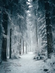 Obraz premium frozen winter forest with snow covered trees outdoor no logos no brands ar 34