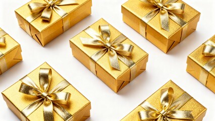 White background with golden gift boxes and metallic ribbon. Minimal festive elegance.