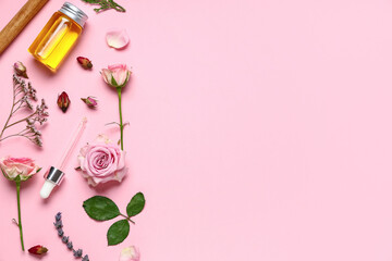 Composition with bottle of essential oil, cinnamon stick and different flowers on pink background, closeup