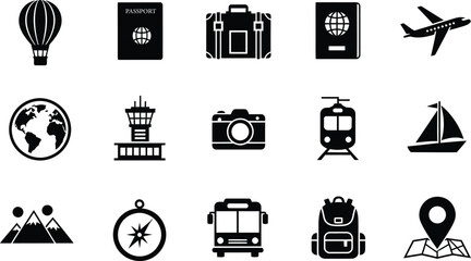 Collection of black and white travel and transportation icons representing global adventure and exploration