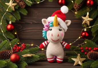 Crocheted unicorn toy wearing a santa hat and christmas wreath with lights, ornaments, and pinecones