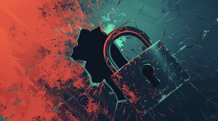 A padlock in front of shattered glass symbolizing a security breach. Cyber security, hacking, and data vulnerability concept with dramatic red and blue lighting